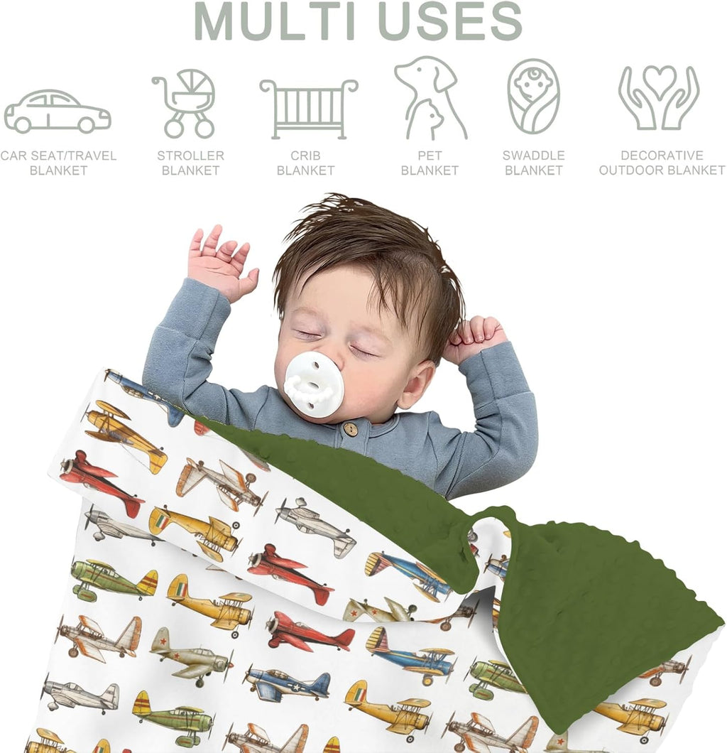 Airplanes Vintage Models Aircraft Baby Blankets for Girl Boy Antiqued Planes Soft Mink Dotted Backing Double Layer Swaddle Receiving Blanket for Toddler Nursery Retro Planes Bed Blanket Crib 30x40