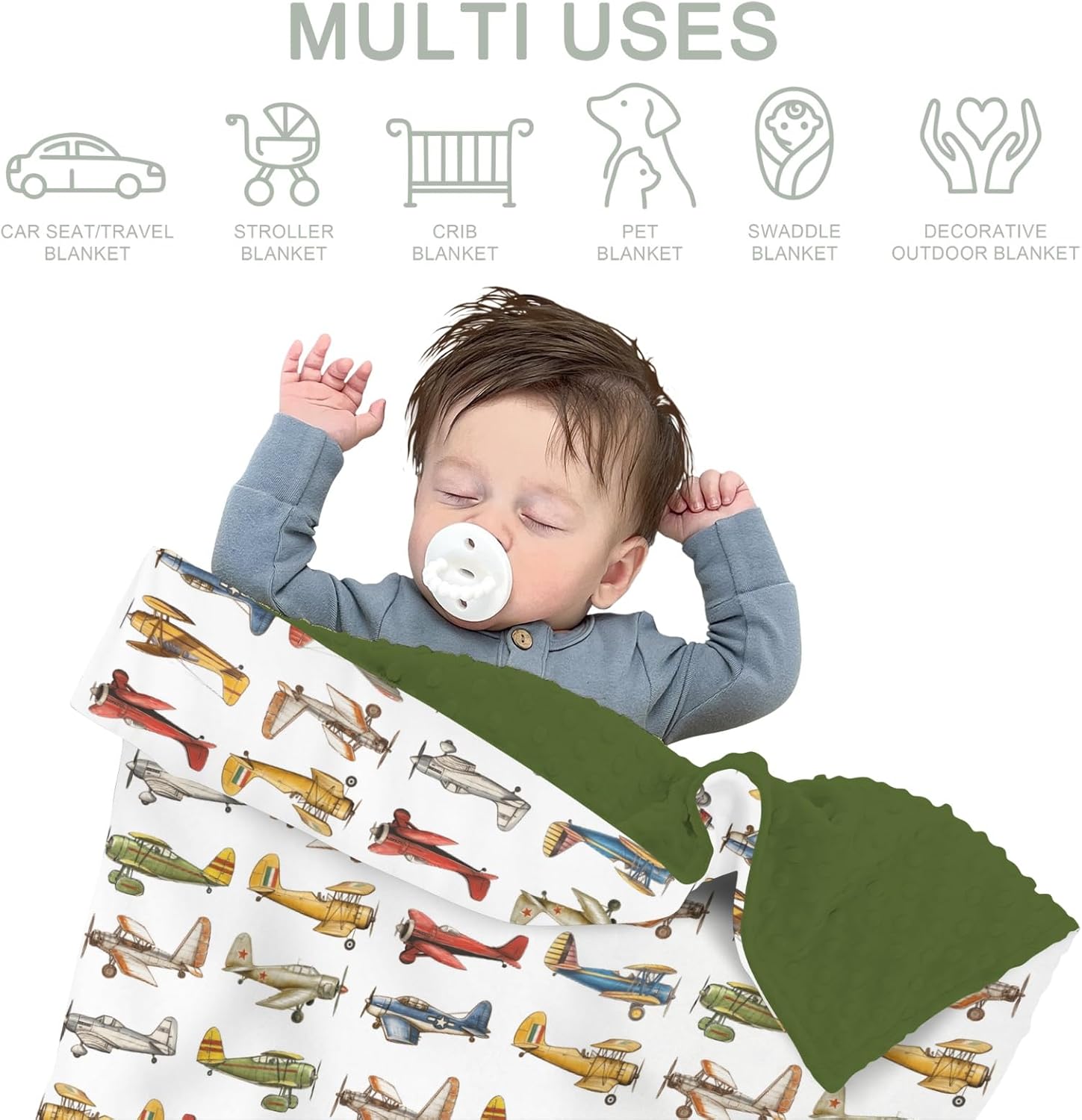 Airplanes Vintage Models Aircraft Baby Blankets for Girl Boy Antiqued Planes Soft Mink Dotted Backing Double Layer Swaddle Receiving Blanket for Toddler Nursery Retro Planes Bed Blanket Crib 30x40