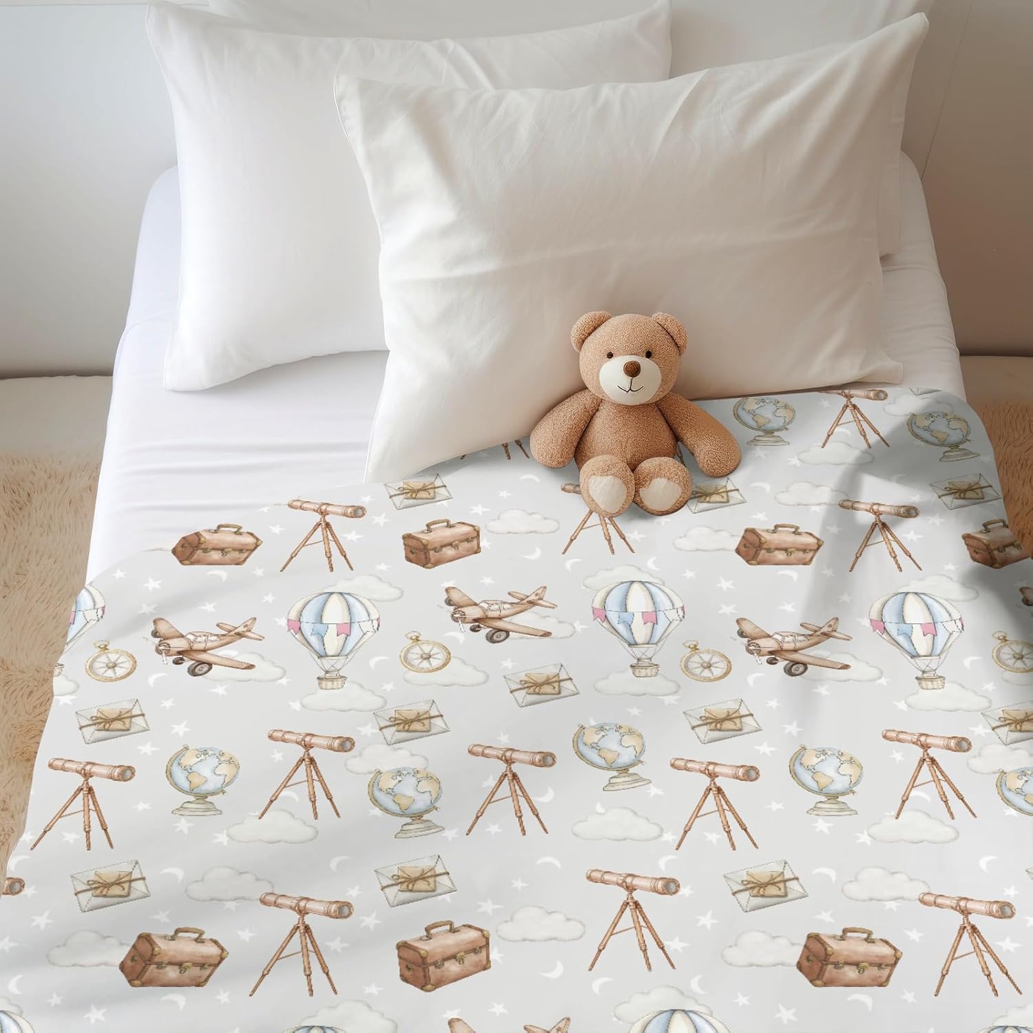 Adventure Baby Blankets for Boy Girl Travel Planes Compass Luggage Globe Explore Soft Flannel Swaddle Receiving Blankets for Infant Toddler Crib Newborn Holiday Vacation Nursery Bed Blanket 30x40