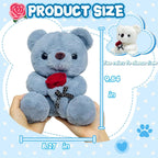 10 Inch Bear Stuffed Animal Plush Toys with Rose, Cute Bear Stuffed Animals for Girls and Boys, Soft Gray Plush Toys for Birthday Gifts, Valentines Day Gifts - Kawaii Plushies Pillow
