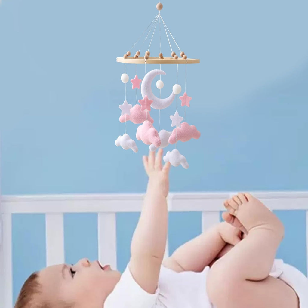 Baby Crib Mobile for Nursery, Pink Mobile Crib, Baby Mobile for Bassinet, Nursery Decor Nursery Hanging Decor Felt Moon Stars Clouds Baby Gift for Boys and Girls