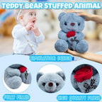 10 Inch Bear Stuffed Animal Plush Toys with Rose, Cute Bear Stuffed Animals for Girls and Boys, Soft Gray Plush Toys for Birthday Gifts, Valentines Day Gifts - Kawaii Plushies Pillow