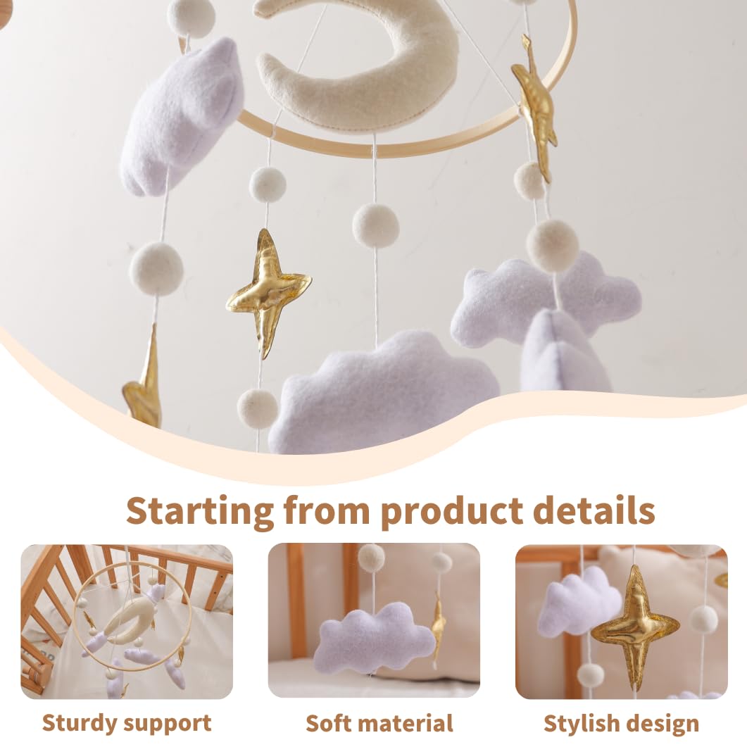 Baby Crib Mobile Nursery Decoration Moon and Stars Hanging Mobile Gender-Neutral Baby Mobile for Crib Handmade Newborn Nursery Decor Easy to Assemble & Durable (Gentle Moon)