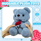 10 Inch Bear Stuffed Animal Plush Toys with Rose, Cute Bear Stuffed Animals for Girls and Boys, Soft Gray Plush Toys for Birthday Gifts, Valentines Day Gifts - Kawaii Plushies Pillow