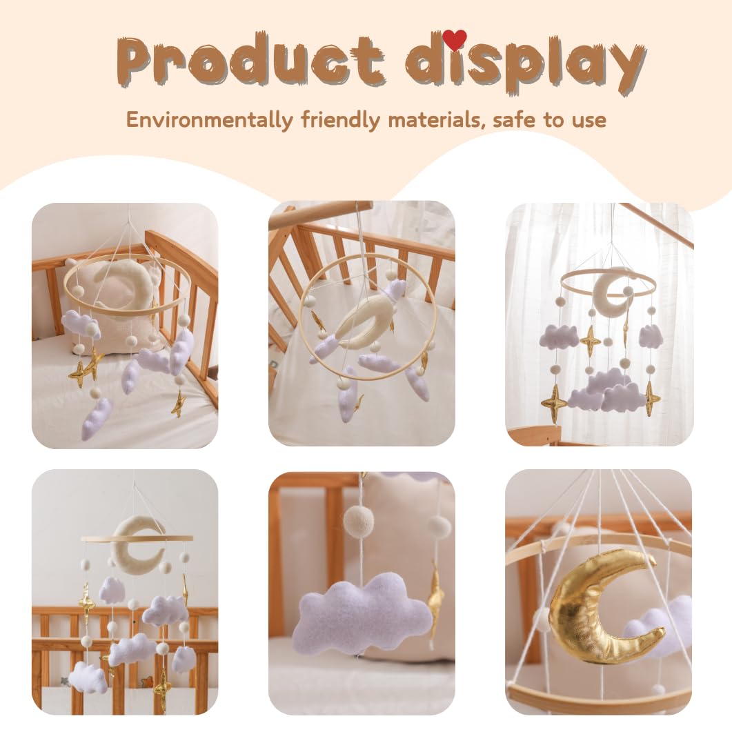 Baby Crib Mobile Nursery Decoration Moon and Stars Hanging Mobile Gender-Neutral Baby Mobile for Crib Handmade Newborn Nursery Decor Easy to Assemble & Durable (Gentle Moon)