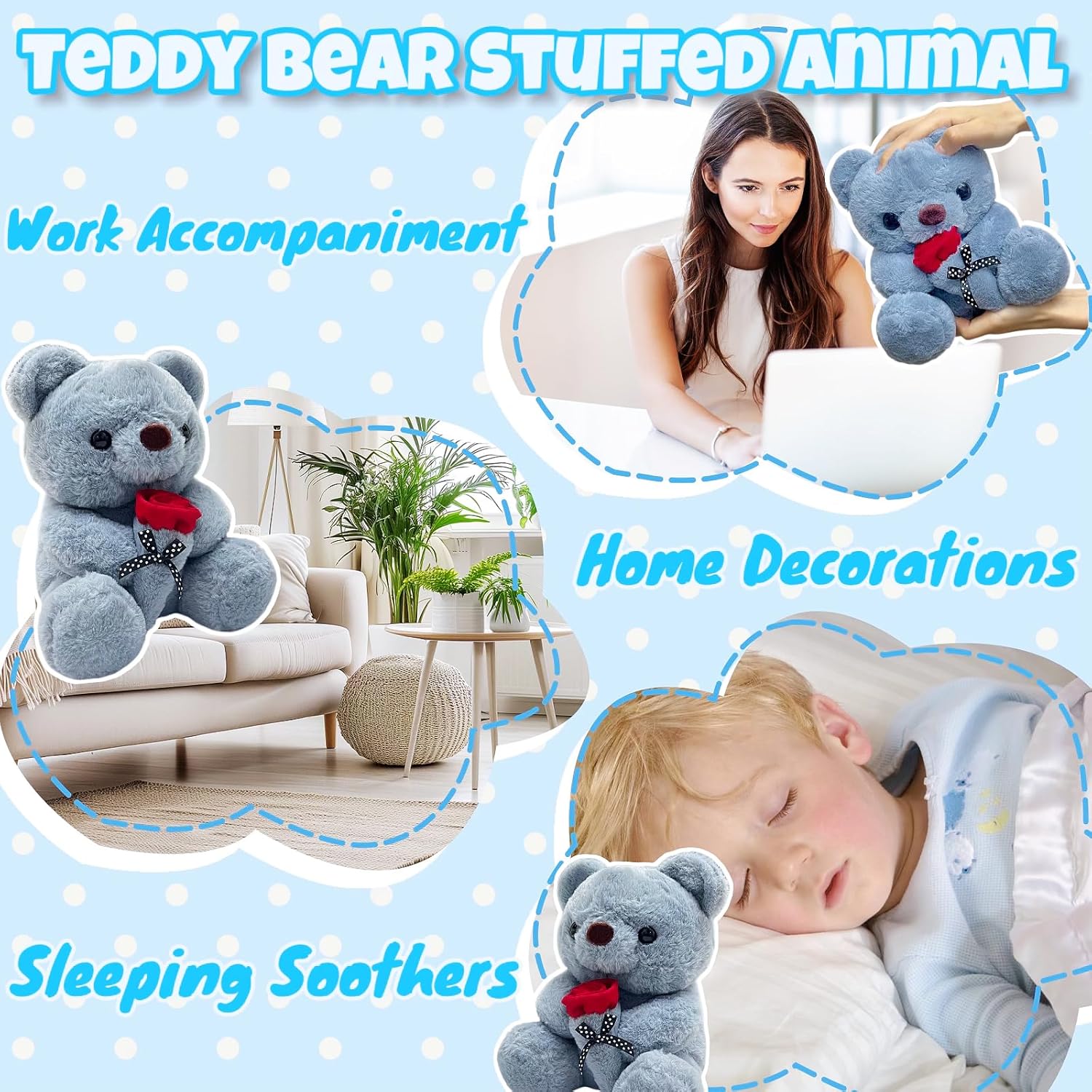 10 Inch Bear Stuffed Animal Plush Toys with Rose, Cute Bear Stuffed Animals for Girls and Boys, Soft Gray Plush Toys for Birthday Gifts, Valentines Day Gifts - Kawaii Plushies Pillow