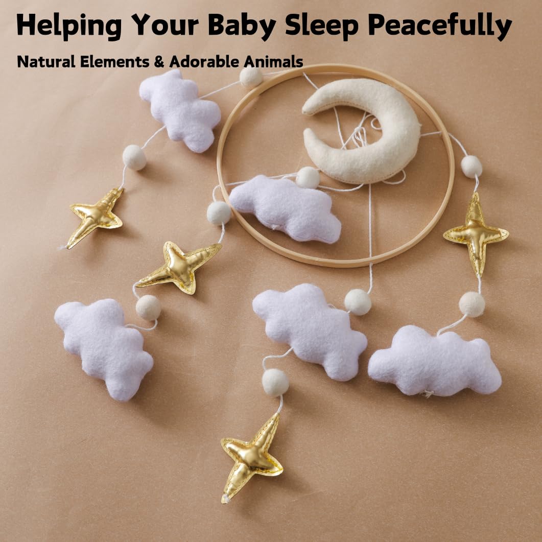 Baby Crib Mobile Nursery Decoration Moon and Stars Hanging Mobile Gender-Neutral Baby Mobile for Crib Handmade Newborn Nursery Decor Easy to Assemble & Durable (Gentle Moon)