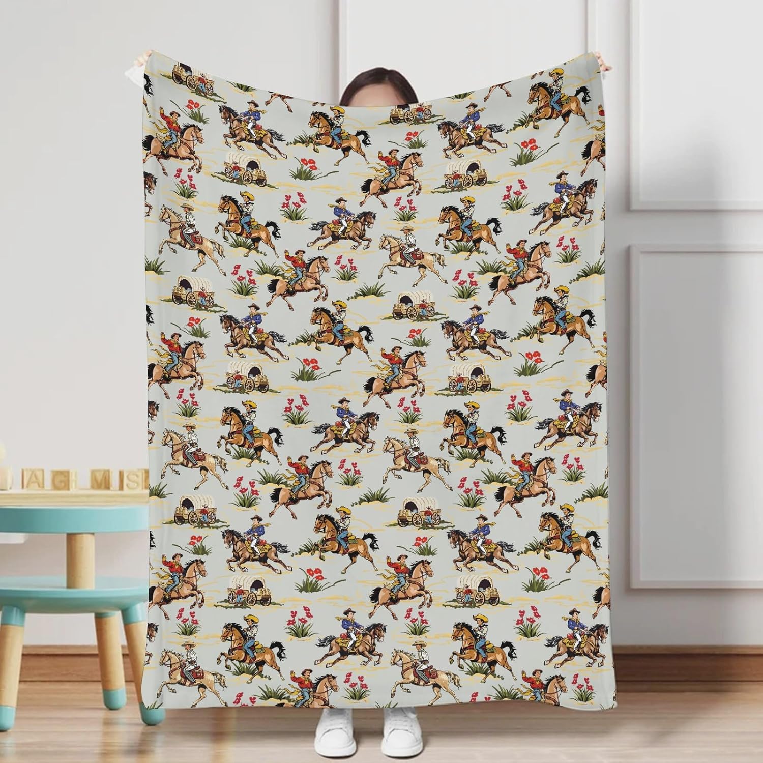 Vintage Cowboy Horse Rider Baby Blanket Boy Girl Retro Western Cowboy Swaddle Blanket Dessert Wild West Receiving Blanket Soft Flannel Bed Blanket for Newborn Toddler Nursery Crib Playmat 30x40