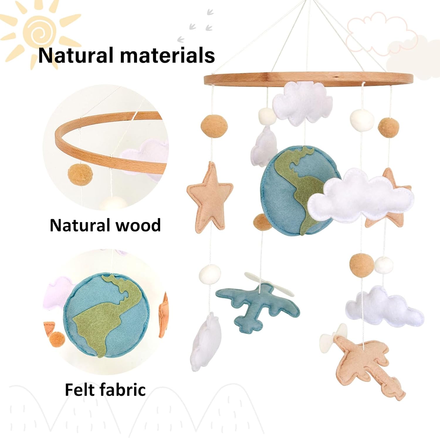 Airplane Baby Crib Mobile, Plane Mobile for Crib, Travel Nursery Decor for Boys, Neutral Vintage Baby Shower Gift, with Clouds, Stars & Globe