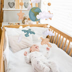 Airplane Baby Crib Mobile, Plane Mobile for Crib, Travel Nursery Decor for Boys, Neutral Vintage Baby Shower Gift, with Clouds, Stars & Globe