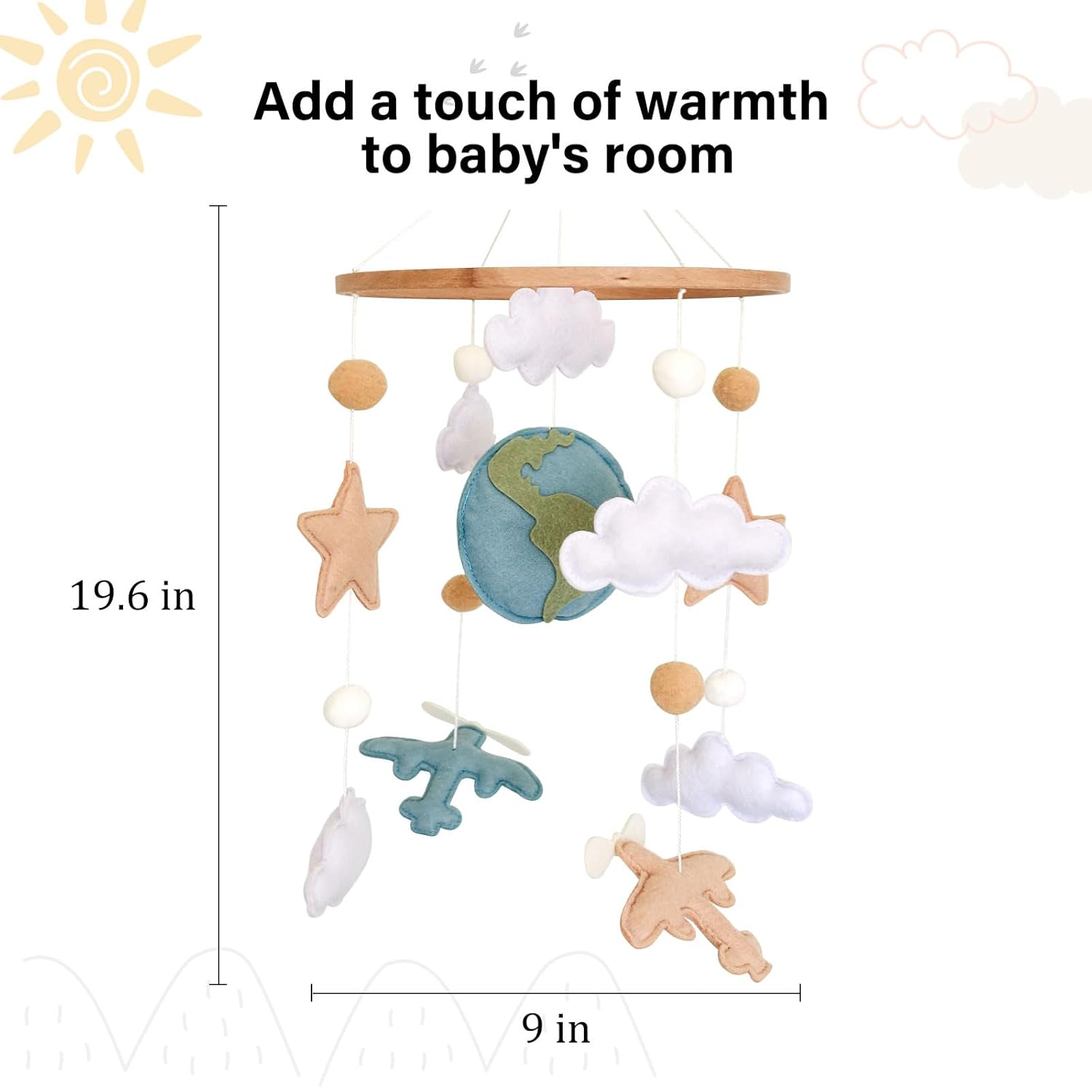 Airplane Baby Crib Mobile, Plane Mobile for Crib, Travel Nursery Decor for Boys, Neutral Vintage Baby Shower Gift, with Clouds, Stars & Globe