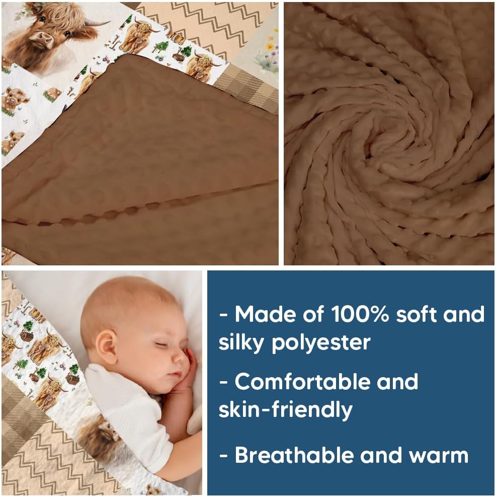 Highland Cow Baby Blanket, Western Minky Blankets for Boys Girls, Nursery Room Decor, Soft Warm Lightweight Nursery Bed Blanket for Newborn Toddlers Son Daughter