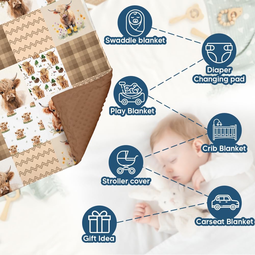 Highland Cow Baby Blanket, Western Minky Blankets for Boys Girls, Nursery Room Decor, Soft Warm Lightweight Nursery Bed Blanket for Newborn Toddlers Son Daughter