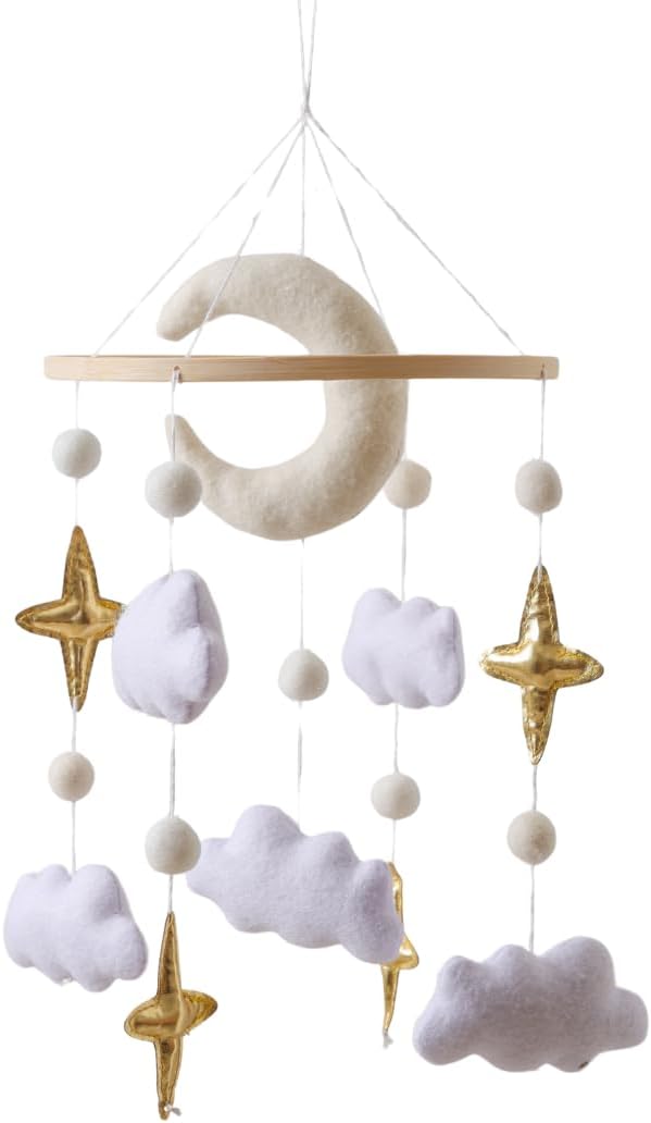 Baby Crib Mobile Nursery Decoration Moon and Stars Hanging Mobile Gender-Neutral Baby Mobile for Crib Handmade Newborn Nursery Decor Easy to Assemble & Durable (Gentle Moon)