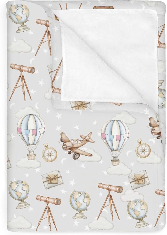 Adventure Baby Blankets for Boy Girl Travel Planes Compass Luggage Globe Explore Soft Flannel Swaddle Receiving Blankets for Infant Toddler Crib Newborn Holiday Vacation Nursery Bed Blanket 30x40