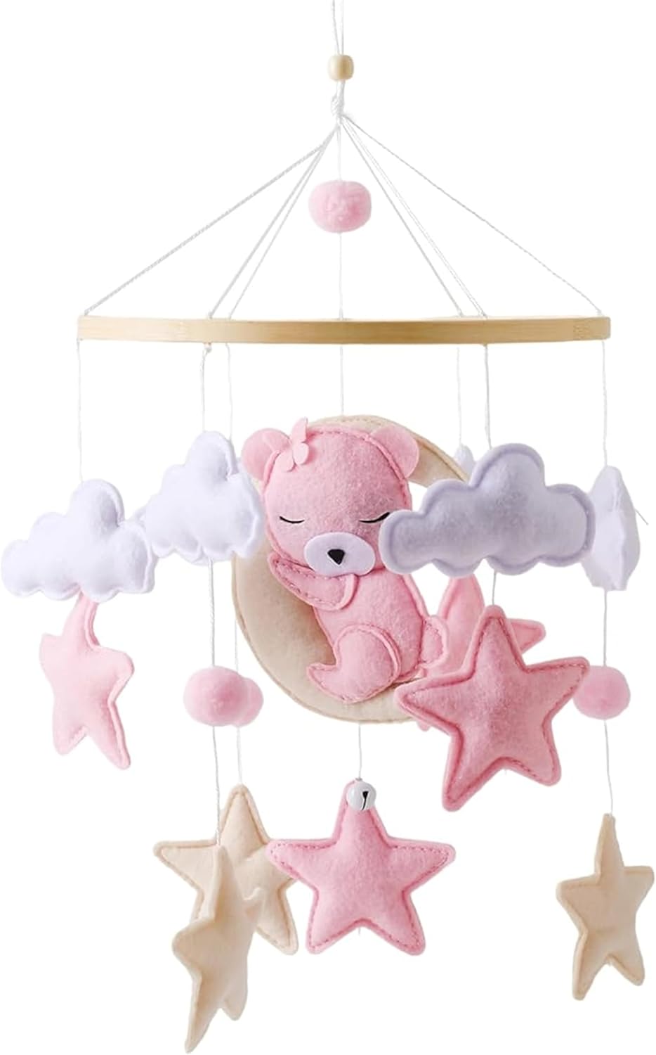Baby Crib Mobile - Pink Bear Mobile for Crib, Felt Cloud Nursery for Boys and Girls - for Infant Bedroom Hanging Decoration