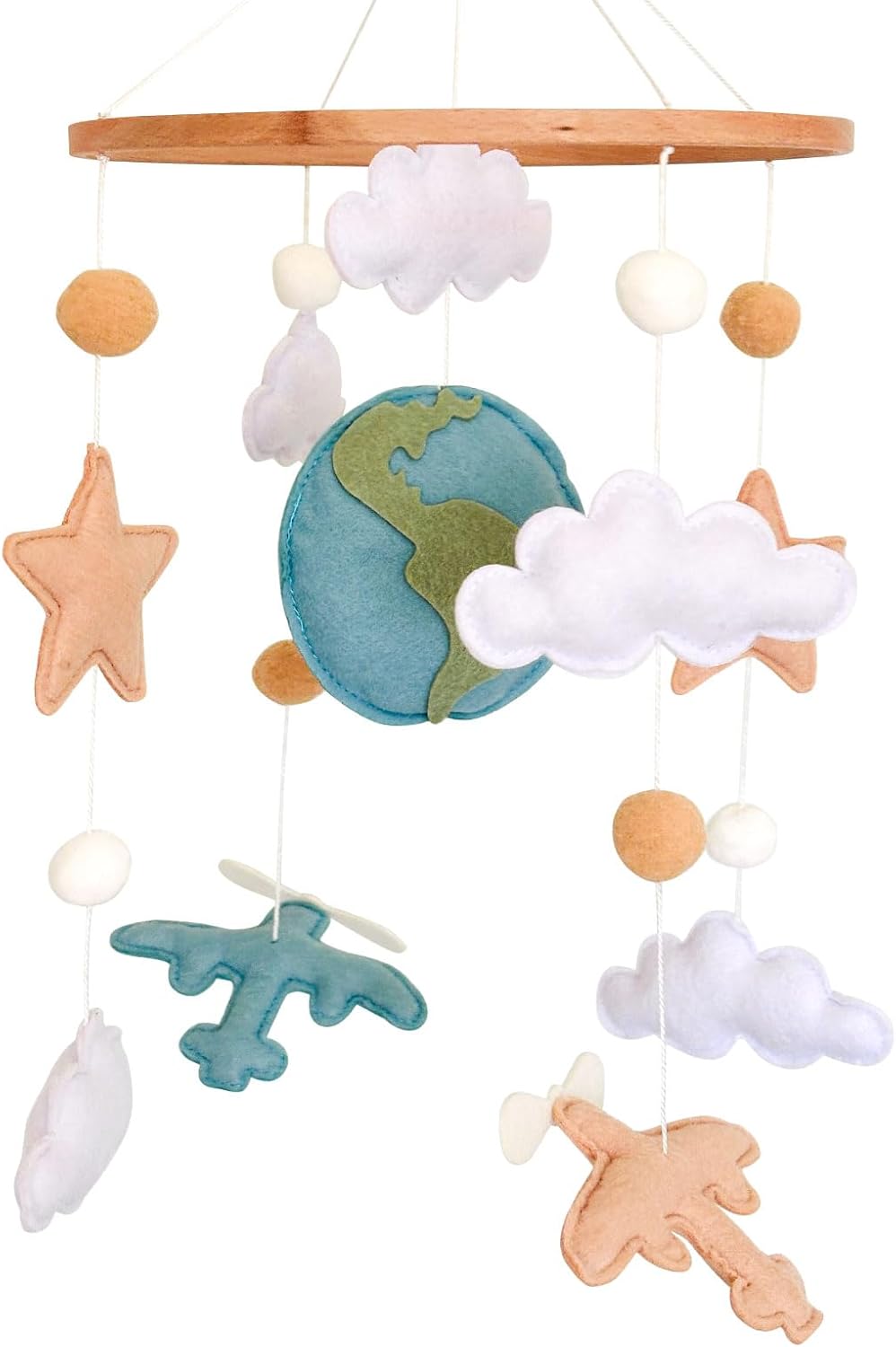 Airplane Baby Crib Mobile, Plane Mobile for Crib, Travel Nursery Decor for Boys, Neutral Vintage Baby Shower Gift, with Clouds, Stars & Globe