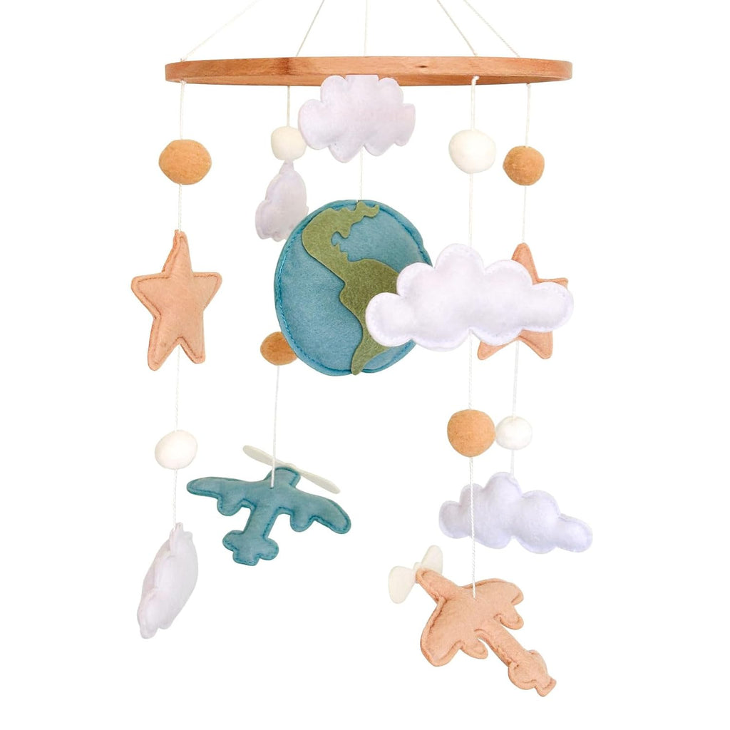 Airplane Baby Crib Mobile, Plane Mobile for Crib, Travel Nursery Decor for Boys, Neutral Vintage Baby Shower Gift, with Clouds, Stars & Globe