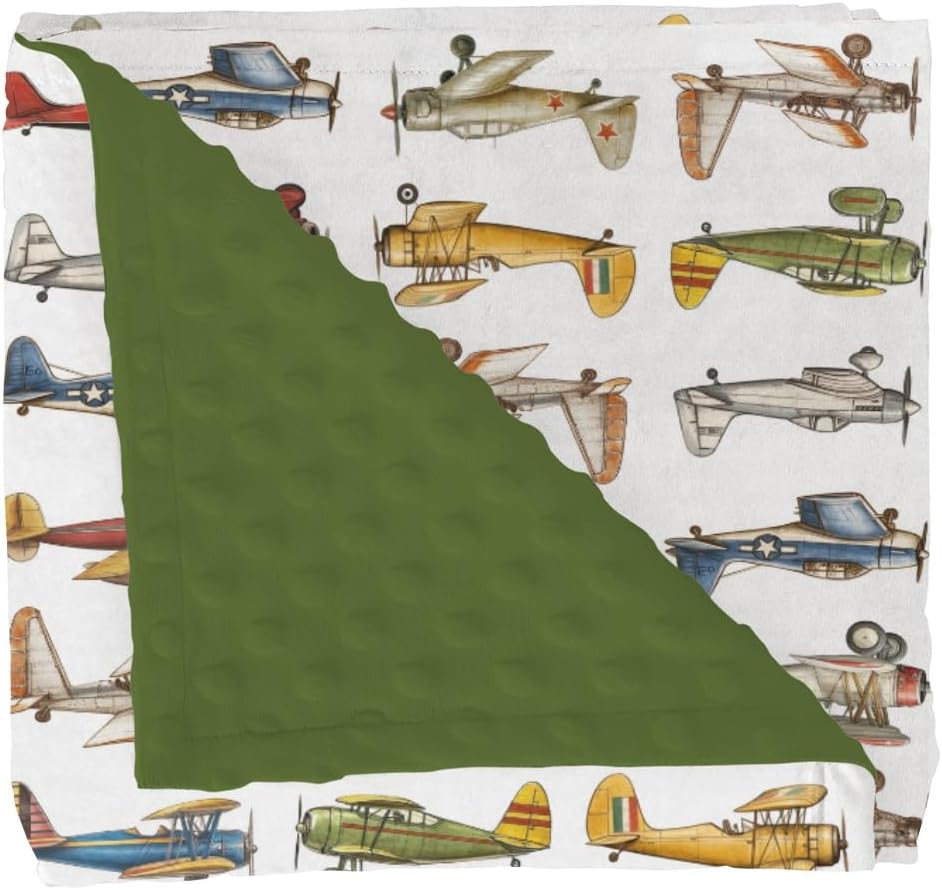Airplanes Vintage Models Aircraft Baby Blankets for Girl Boy Antiqued Planes Soft Mink Dotted Backing Double Layer Swaddle Receiving Blanket for Toddler Nursery Retro Planes Bed Blanket Crib 30x40