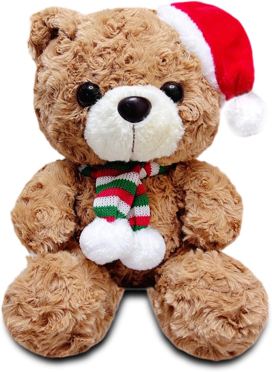 NuomiYue Brown Teddy Bear Stuffed Animal, 9.84" Cute Stuffed Animals Plush Toy with Christmas Hat, Soft and Huggable Teddy Bear Plush Toys for Girls and Boys, Decorations, Party Favors