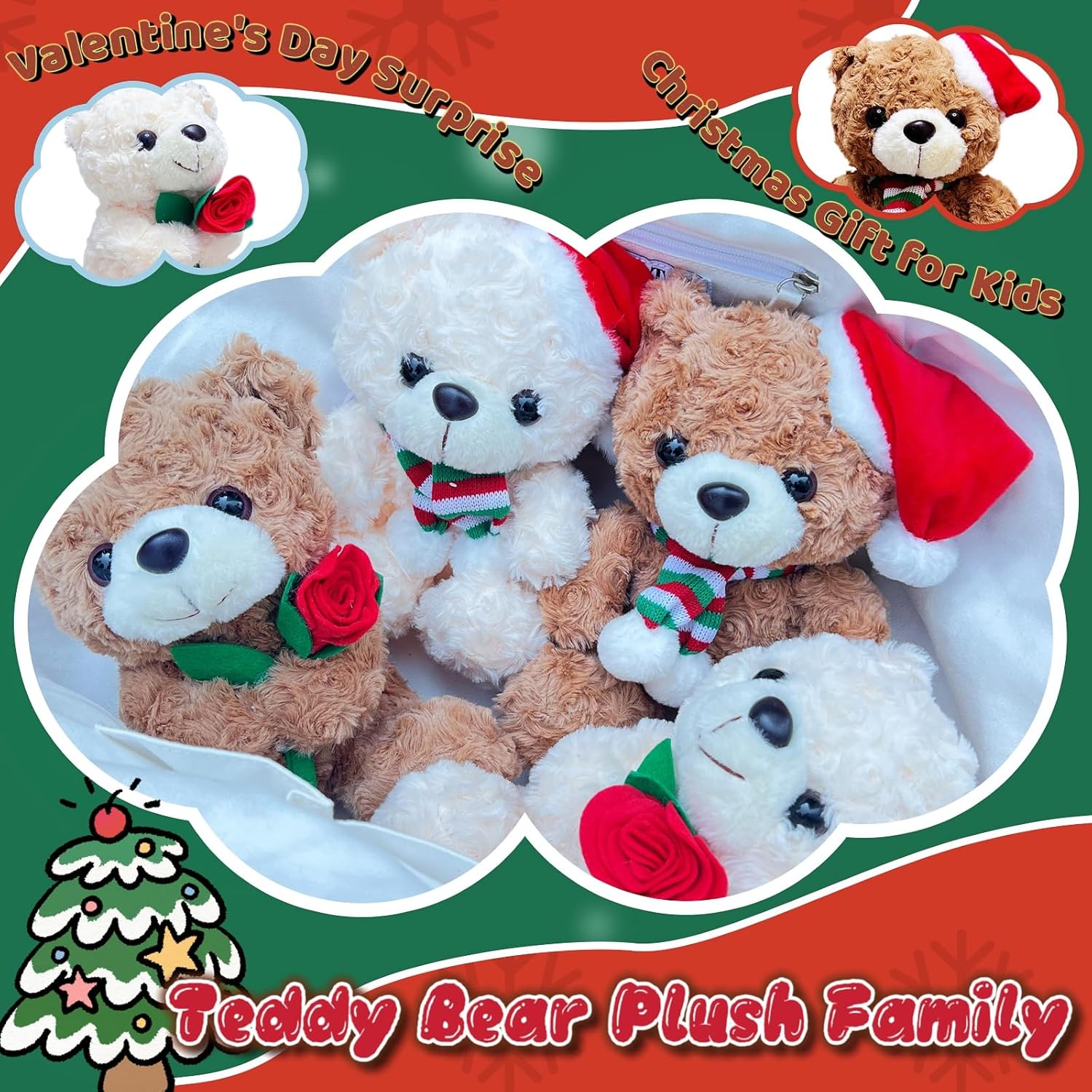 NuomiYue Brown Teddy Bear Stuffed Animal, 9.84" Cute Stuffed Animals Plush Toy with Christmas Hat, Soft and Huggable Teddy Bear Plush Toys for Girls and Boys, Decorations, Party Favors