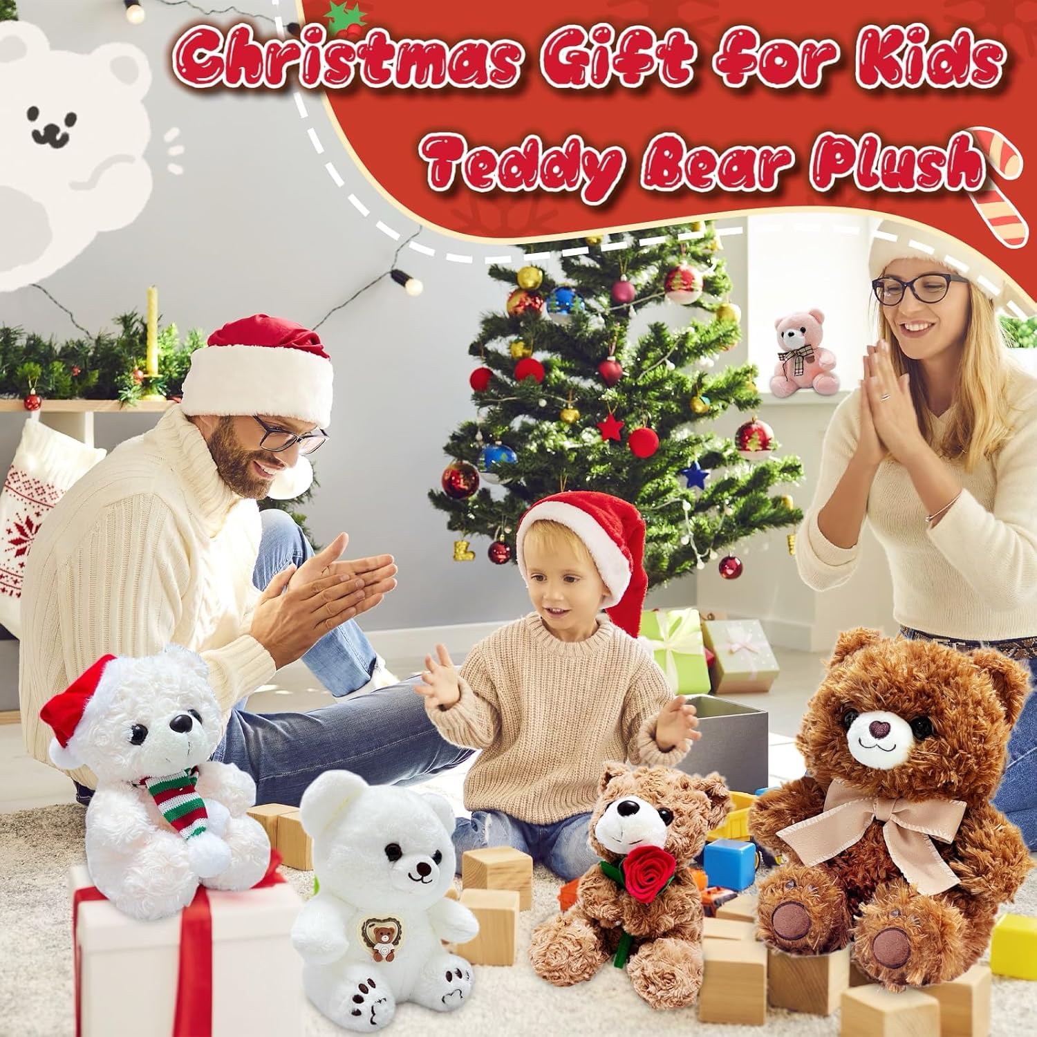 NuomiYue Brown Teddy Bear Stuffed Animal, 9.84" Cute Stuffed Animals Plush Toy with Christmas Hat, Soft and Huggable Teddy Bear Plush Toys for Girls and Boys, Decorations, Party Favors