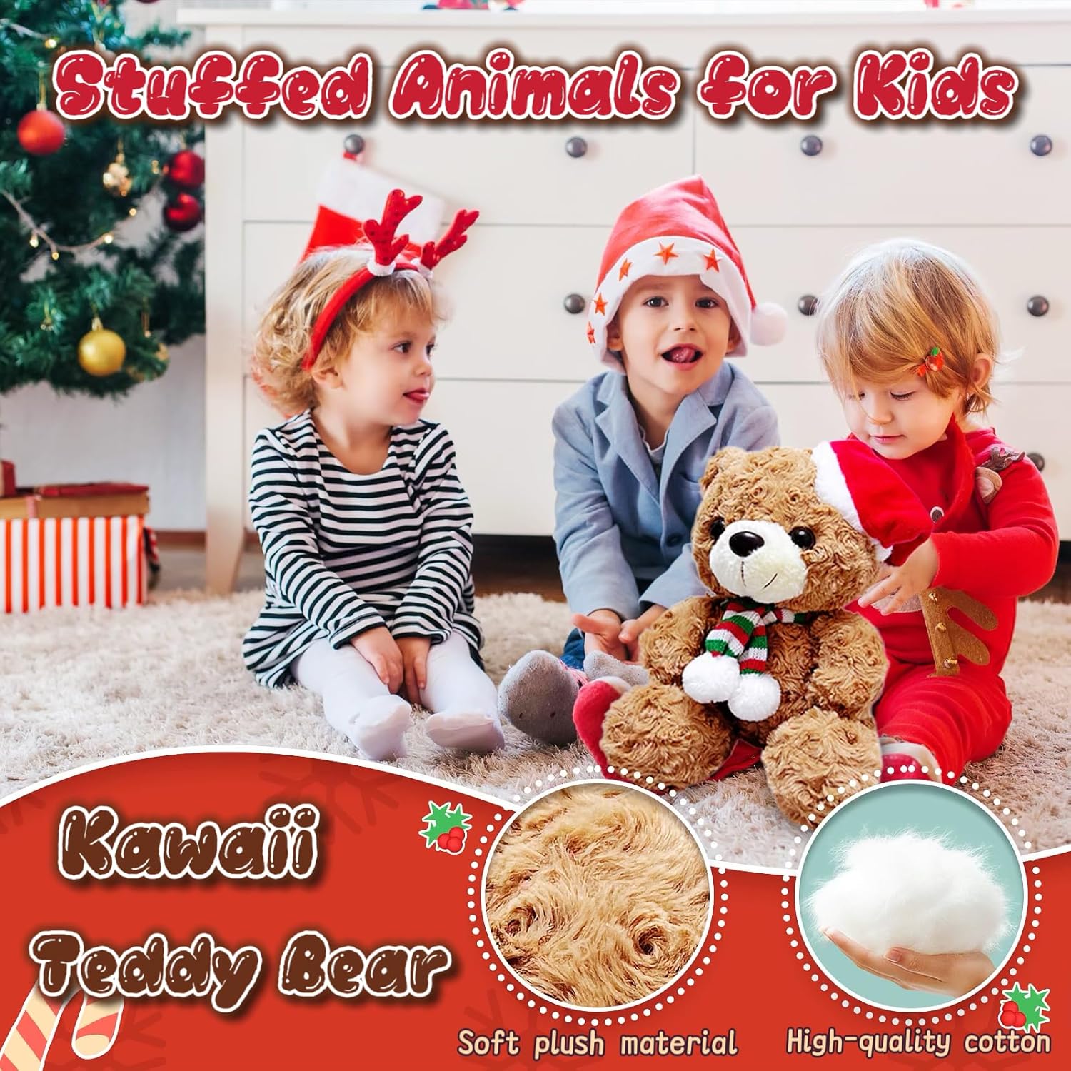 NuomiYue Brown Teddy Bear Stuffed Animal, 9.84" Cute Stuffed Animals Plush Toy with Christmas Hat, Soft and Huggable Teddy Bear Plush Toys for Girls and Boys, Decorations, Party Favors