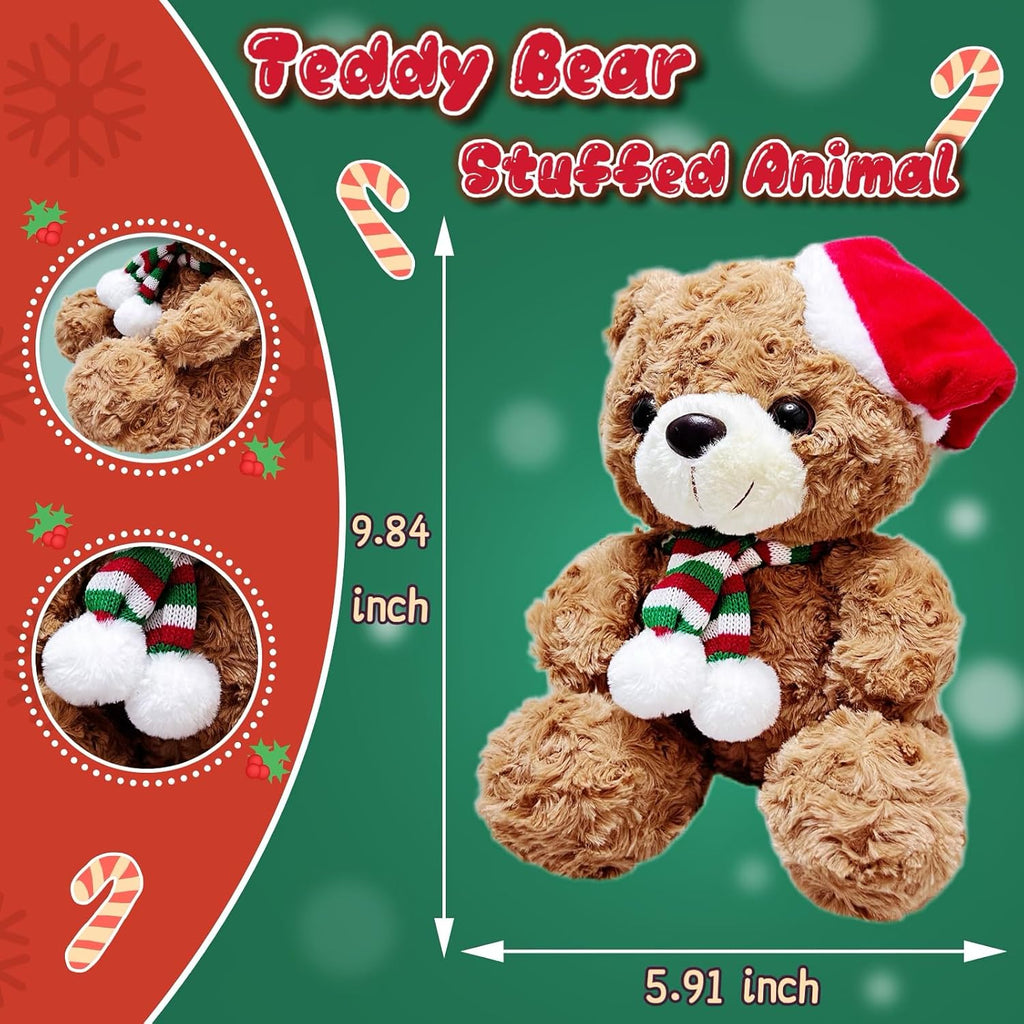 NuomiYue Brown Teddy Bear Stuffed Animal, 9.84" Cute Stuffed Animals Plush Toy with Christmas Hat, Soft and Huggable Teddy Bear Plush Toys for Girls and Boys, Decorations, Party Favors