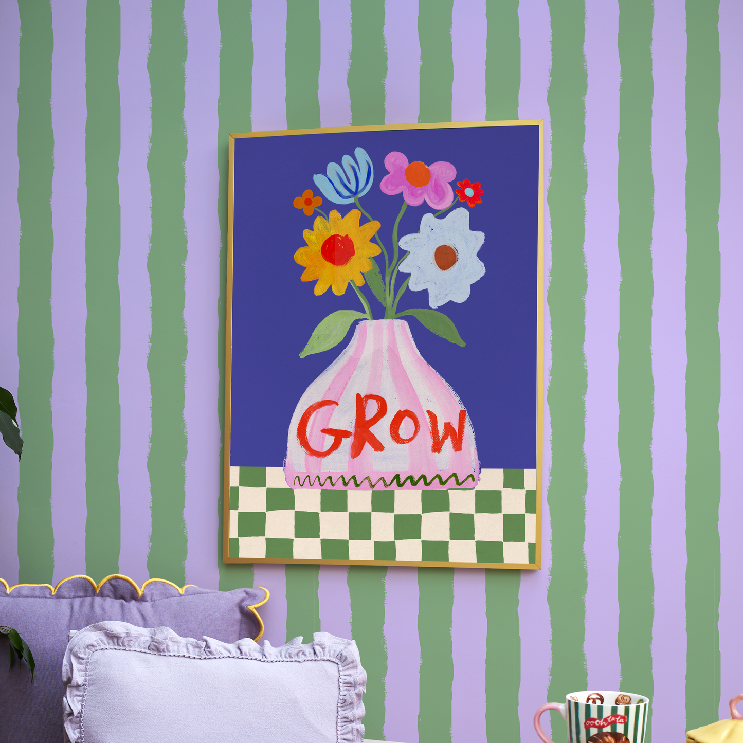 Lilac & Green Painted Stripe Wallpaper